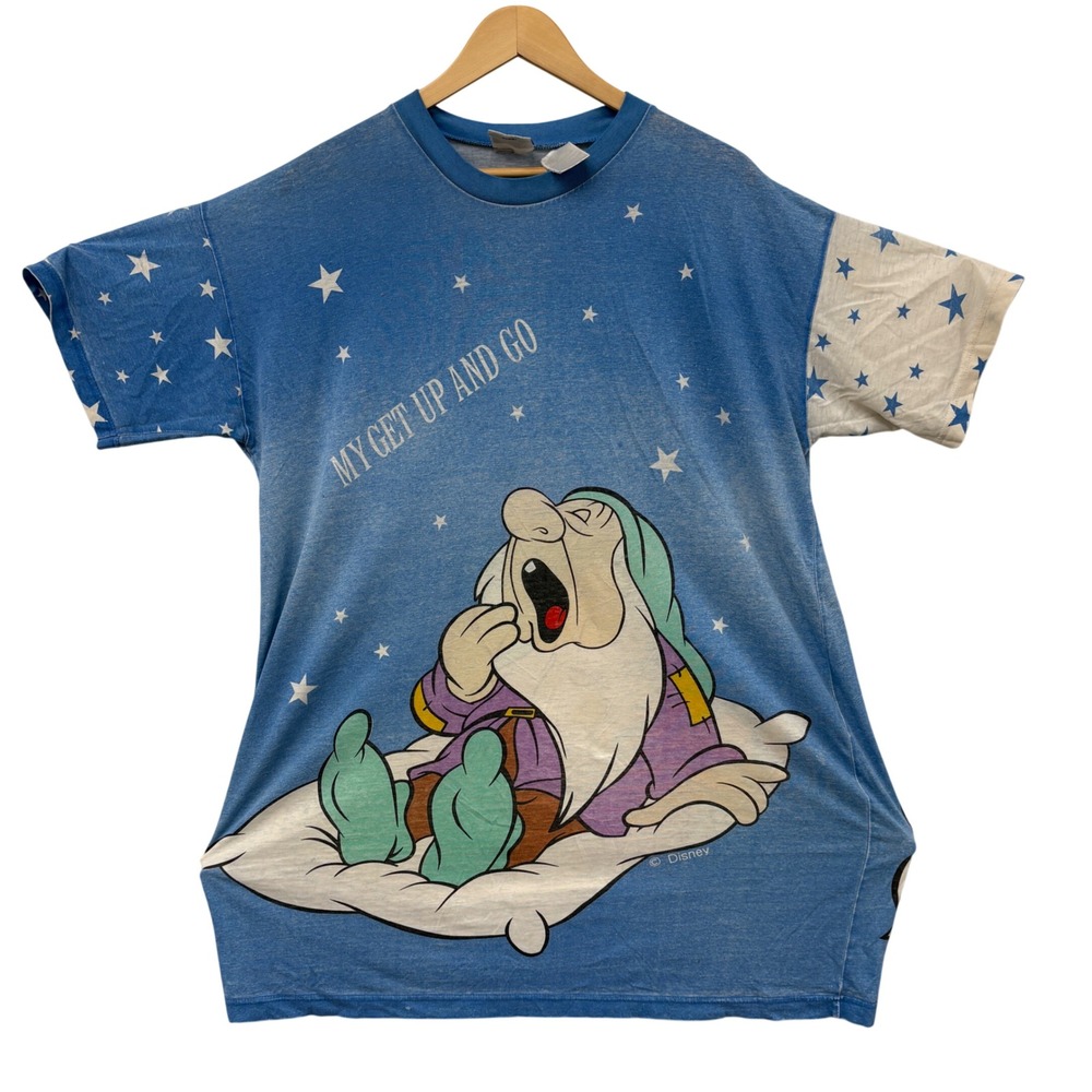 Vintage Disney Snow White Sleepy Dwarf Get Up And Go‎ Sleep Shirt Blue Stars OS